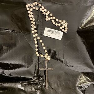 NWT the jewelry junkie large cross necklace/rosary with antiqued beads. Handmade